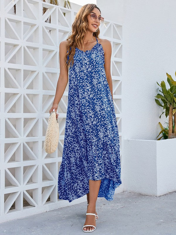 Women Floral Tied Back Round Neckline Sleeveless Ditsy Dress | Zarnesh