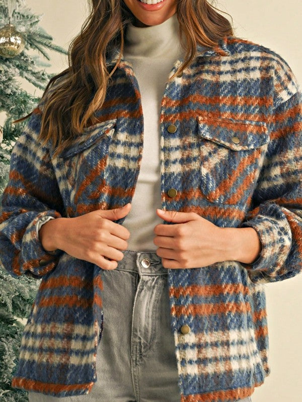 Women's Blue Red Mint Plaid Button Shacket Cardigan | Zarnesh