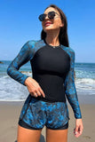Women Tropical High Neck Shorts Long Sleeve Fitted Swimsuit Zarnesh