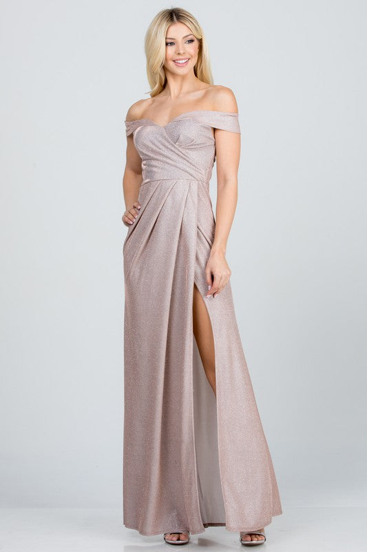 Women Off Shoulder Sleeveless Zipper Glittery Jacquard Gown Zarnesh