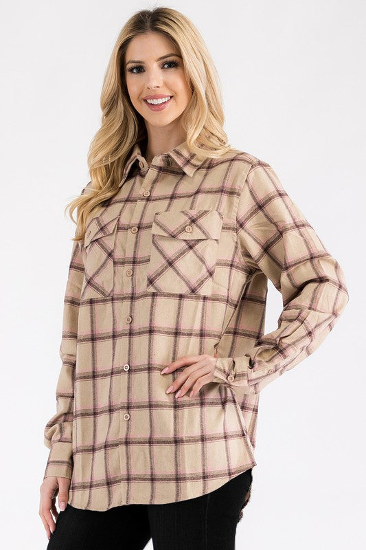 Women’s Boyfriend Fit Checker Plaid Flannel Long Sleeve | Zarnesh