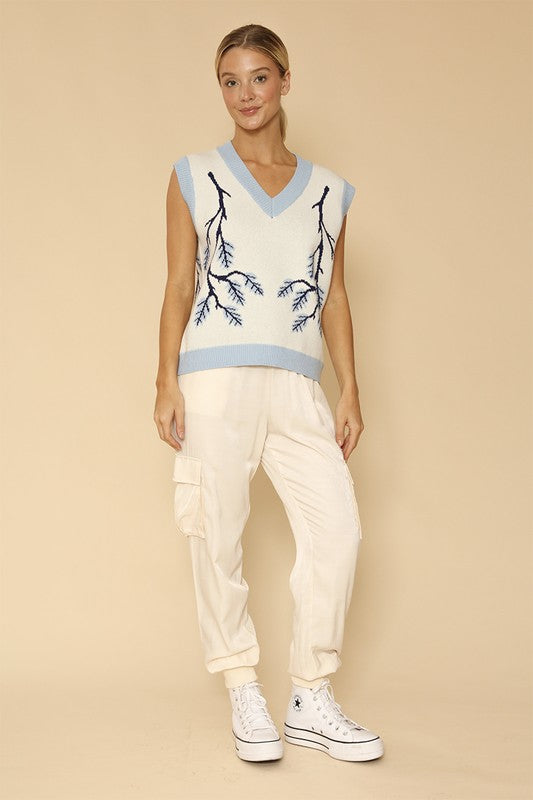 Women Branch Intarsia V Neckline Sleeveless Knit Sweater Vest Zarnesh
