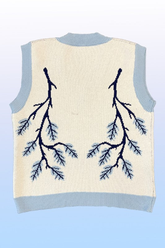Women Branch Intarsia V Neckline Sleeveless Knit Sweater Vest Zarnesh