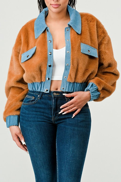 Women Athina Drop Shoulder Denim Contrast Fur Crop Jacket Zarnesh