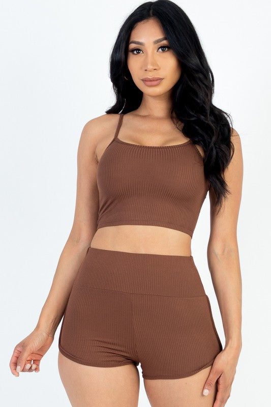 Women Spaghetti Strap Ribbed Top Biker Shorts Set | Zarnesh