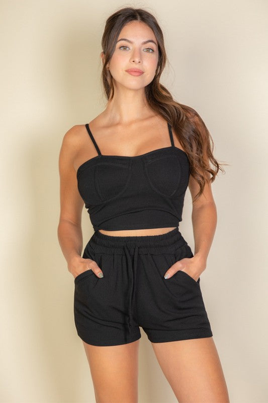 Women Bustier Cami Top Slant Pocket Elastic Waistband Shorts Zarnesh