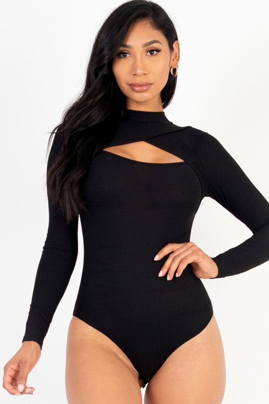 Women Buttery Soft Rib Knit Front Cutout Long Sleeve Bodysuit Zarnesh 