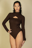 Women Buttery Soft Rib Knit Front Cutout Long Sleeve Bodysuit Zarnesh 