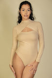 Women Buttery Soft Rib Knit Front Cutout Long Sleeve Bodysuit Zarnesh 