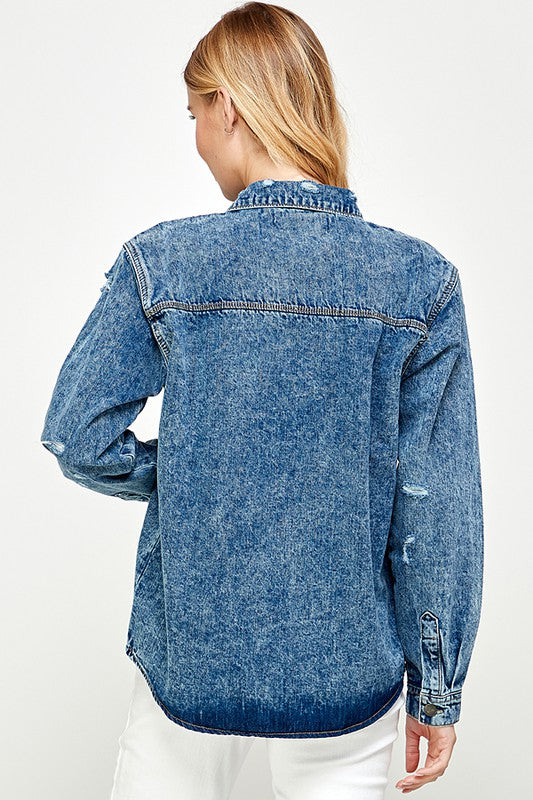Women’s Button-Up Distressed Denim Shirt Jacket | Zarnesh