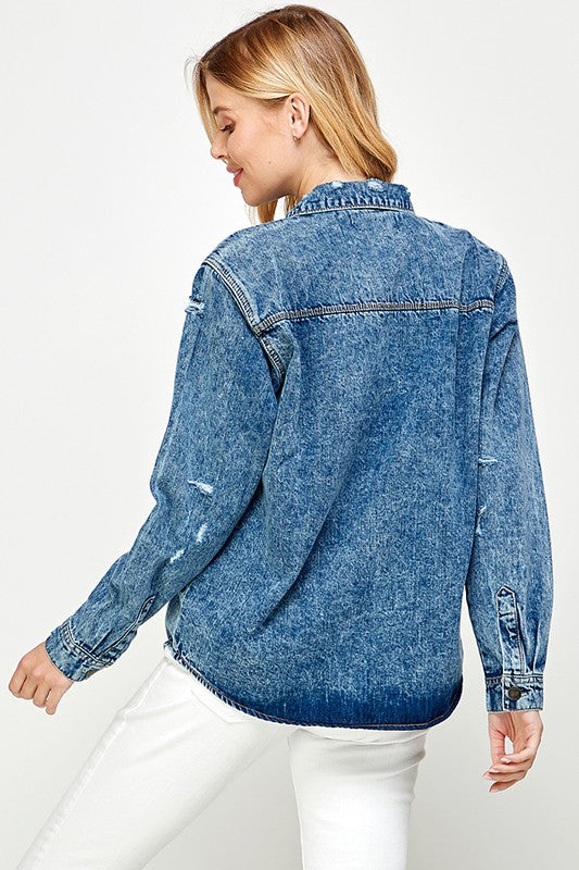 Women’s Button-Up Distressed Denim Shirt Jacket | Zarnesh