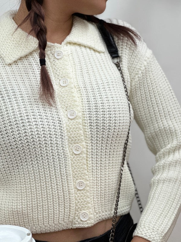 Women Button Down Vintage Crop Sweater Cardigan Collar Neck Zarnesh