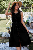 Women Button Front Drawstring Round Neck Sleeveless Midi Dress Zarnesh