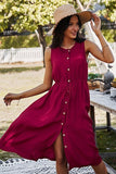 Women Button Front Drawstring Round Neck Sleeveless Midi Dress Zarnesh