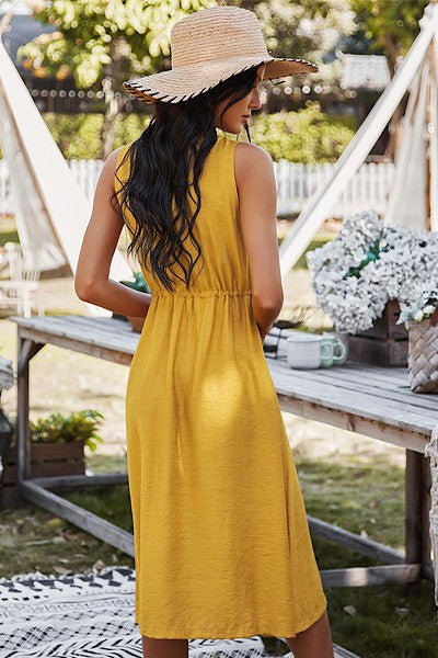 Women Button Front Drawstring Round Neck Sleeveless Midi Dress Zarnesh