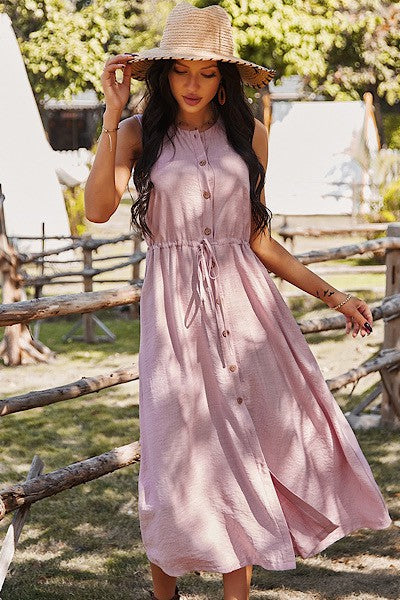 Women Button Front Drawstring Round Neck Sleeveless Midi Dress Zarnesh