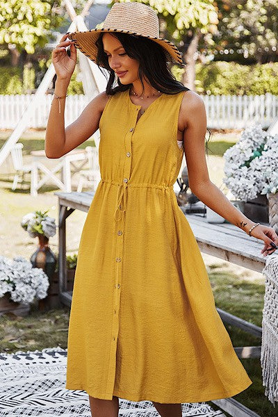 Women Button Front Drawstring Round Neck Sleeveless Midi Dress Zarnesh