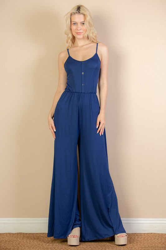 Women Button Sleeveless Elastic Waistband Wide Leg Jumpsuit Zarnesh