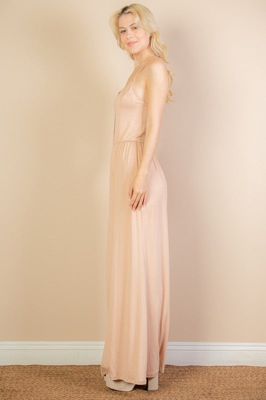Women Button Sleeveless Elastic Waistband Wide Leg Jumpsuit Zarnesh