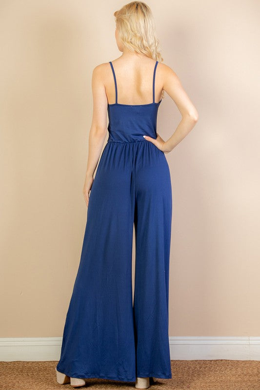 Women Button Sleeveless Elastic Waistband Wide Leg Jumpsuit Zarnesh