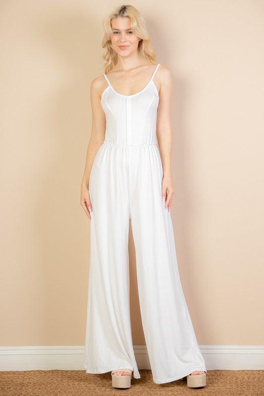 Women Button Sleeveless Elastic Waistband Wide Leg Jumpsuit Zarnesh