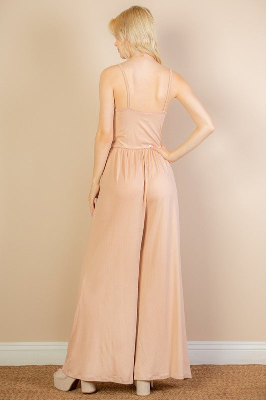 Women Button Sleeveless Elastic Waistband Wide Leg Jumpsuit Zarnesh