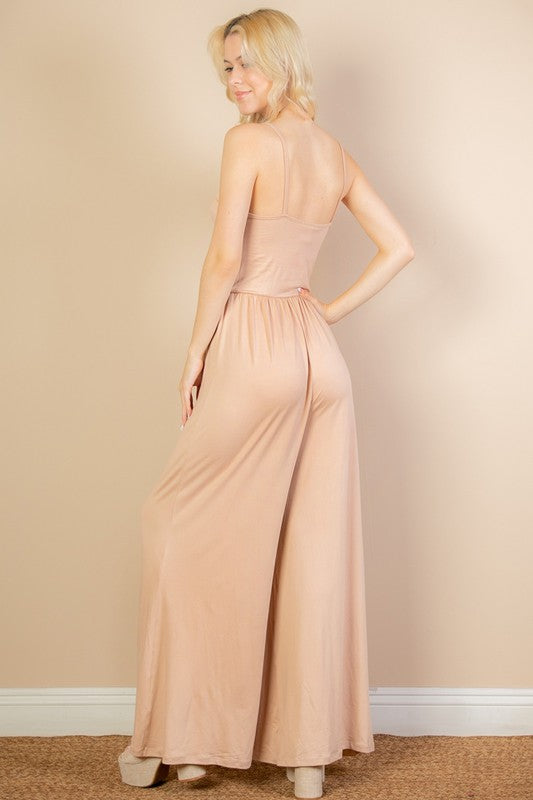 Women Button Sleeveless Elastic Waistband Wide Leg Jumpsuit Zarnesh