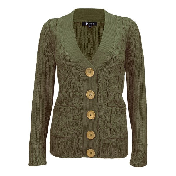 Women Cable Knitted Functional Button Pocket Cardigan Sweater  Zarnesh