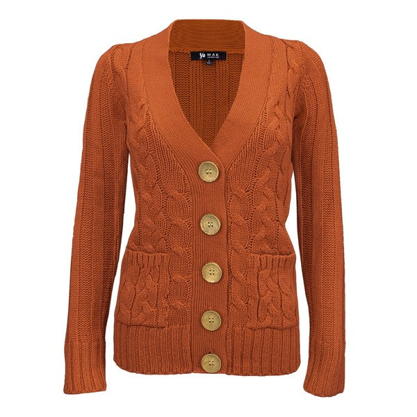 Women Cable Knitted Functional Button Pocket Cardigan Sweater  Zarnesh