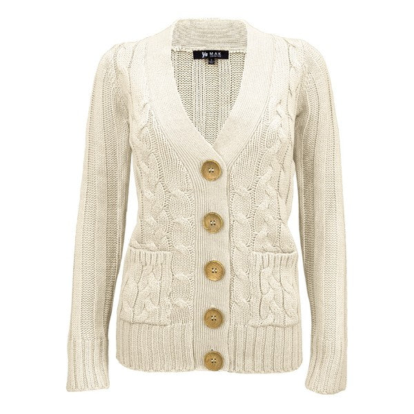 Women Cable Knitted Functional Button Pocket Cardigan Sweater  Zarnesh
