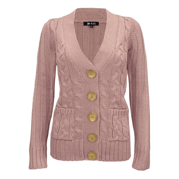 Women Cable Knitted Functional Button Pocket Cardigan Sweater  Zarnesh