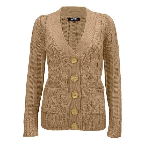 Women Cable Knitted Functional Button Pocket Cardigan Sweater  Zarnesh