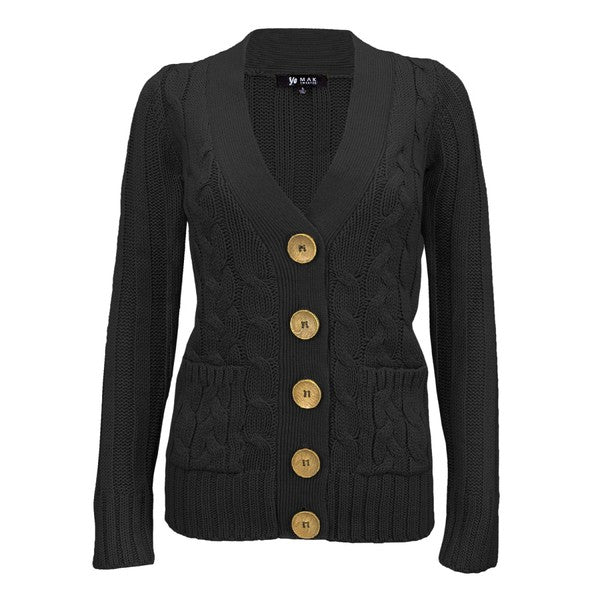 Women Cable Knitted Functional Button Pocket Cardigan Sweater  Zarnesh