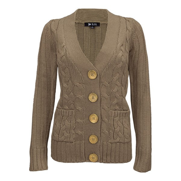 Women Cable Knitted Functional Button Pocket Cardigan Sweater  Zarnesh