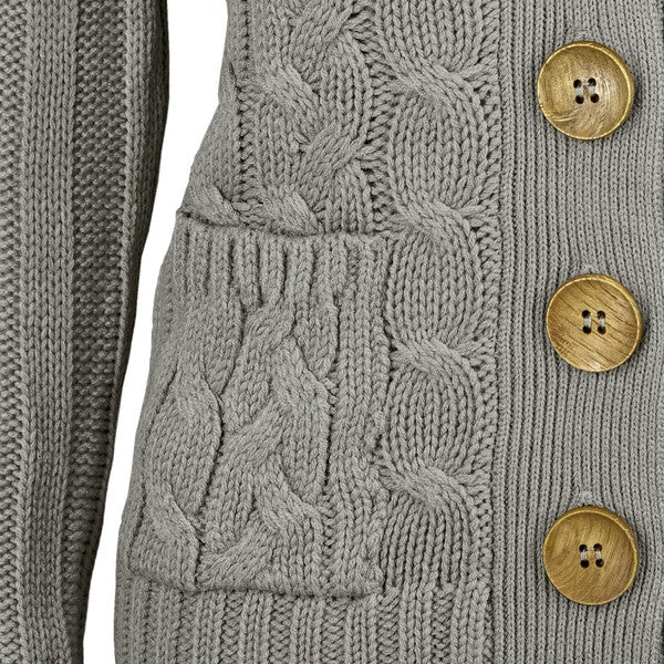 Women Cable Knitted Functional Button Pocket Cardigan Sweater  Zarnesh