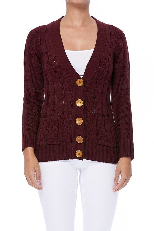 Women Cable Knitted Functional Button Pocket Cardigan Sweater  Zarnesh