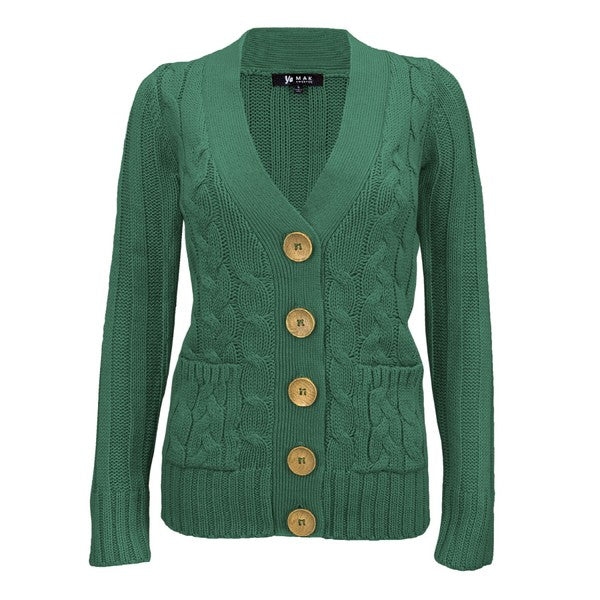 Women Cable Knitted Functional Button Pocket Cardigan Sweater  Zarnesh