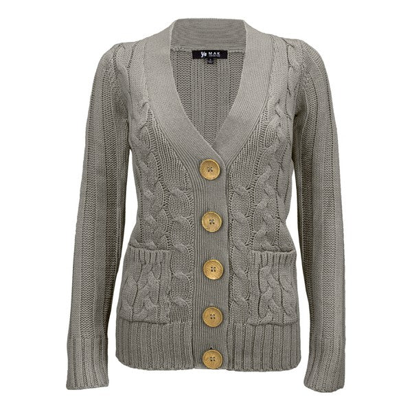 Women Cable Knitted Functional Button Pocket Cardigan Sweater  Zarnesh