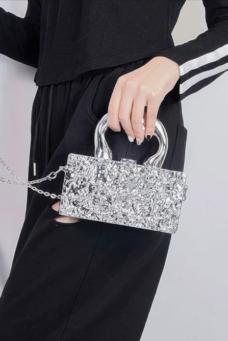 Women Metallic Top Handle Chain Strap Acrylic Box Clutch Bag Zarnesh