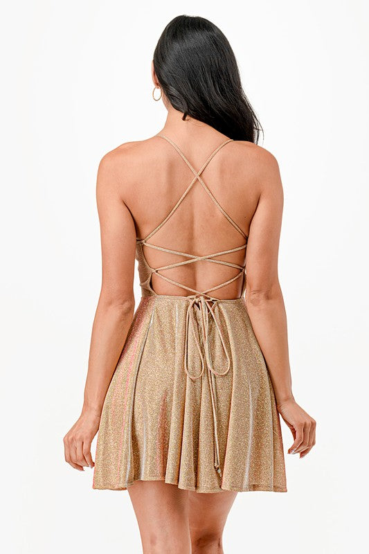 Women Flattering Fit Sparkling Spaghetti Strap Cocktail Dress Zarnesh