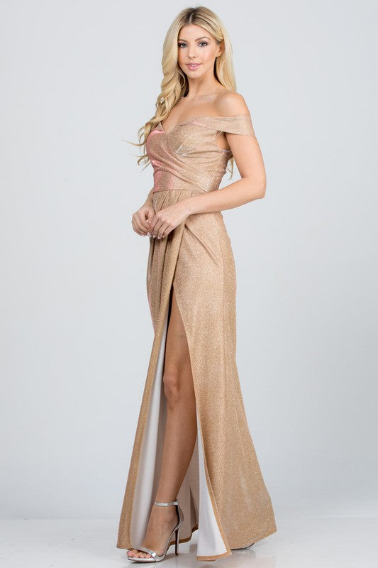 Women Off Shoulder Sleeveless Zipper Glittery Jacquard Gown Zarnesh