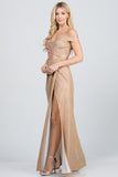 Women Off Shoulder Sleeveless Zipper Glittery Jacquard Gown Zarnesh