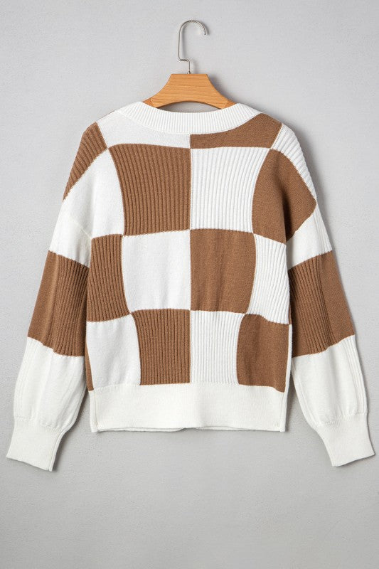 Women’s Checker Buttoned V-Neck Cardigan Sweater | Zarnesh