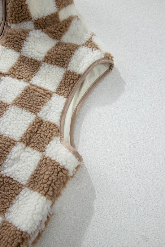 Women Checkered Sherpa Zipper Closure Collared Jacket Vest Zarnesh