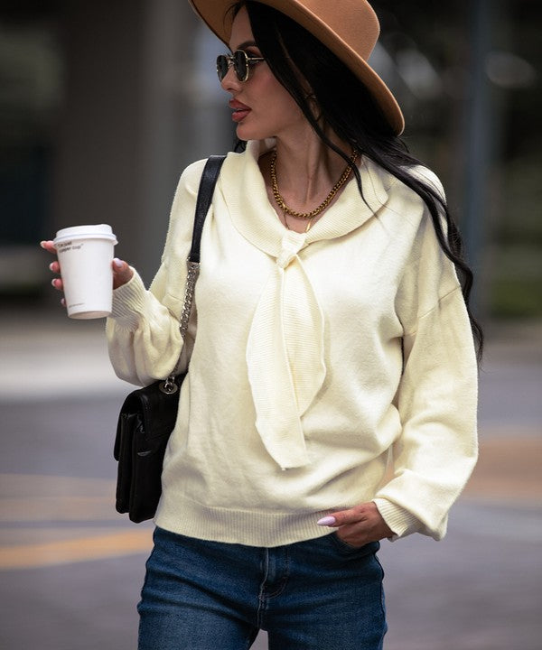 Women Clasi Contrast Trim Tie Neck Knit Peplum Top Zarnesh