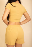Women Ribbed Knit Drawstring Lounge Crop Tee Shorts Set Zarnesh