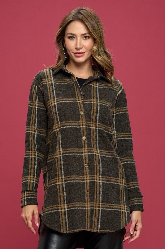 Women Collar Checkered Plaid Print Flannel Top with Hi Lo Hem Zarnesh