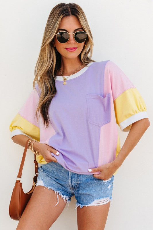 Women Color Block Patchwork Half Sleeve Pocketed Top Zarnesh