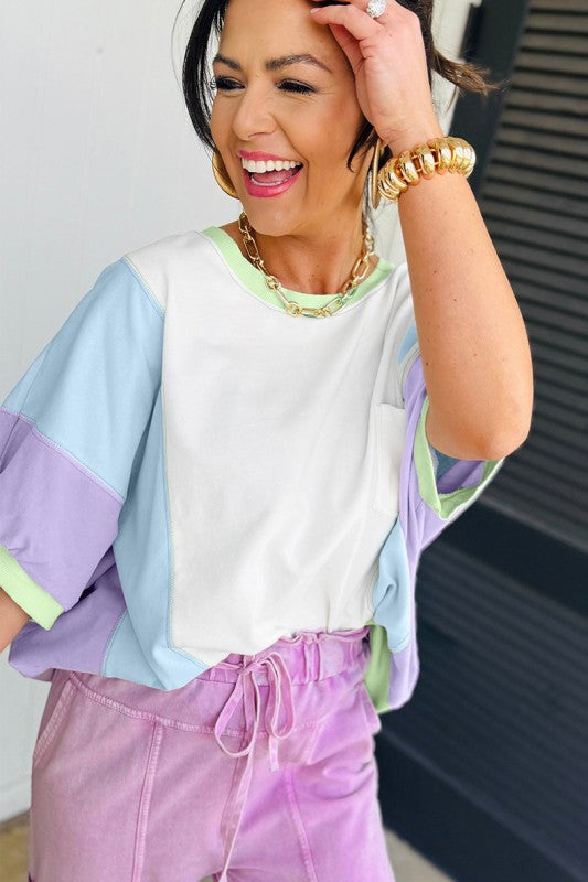 Women Color Block Patchwork Half Sleeve Pocketed Top Zarnesh