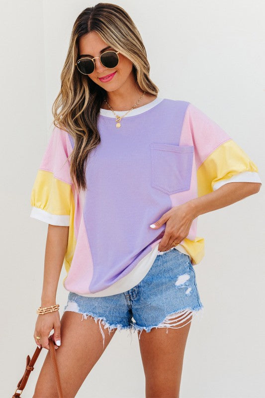 Women Color Block Patchwork Half Sleeve Pocketed Top Zarnesh